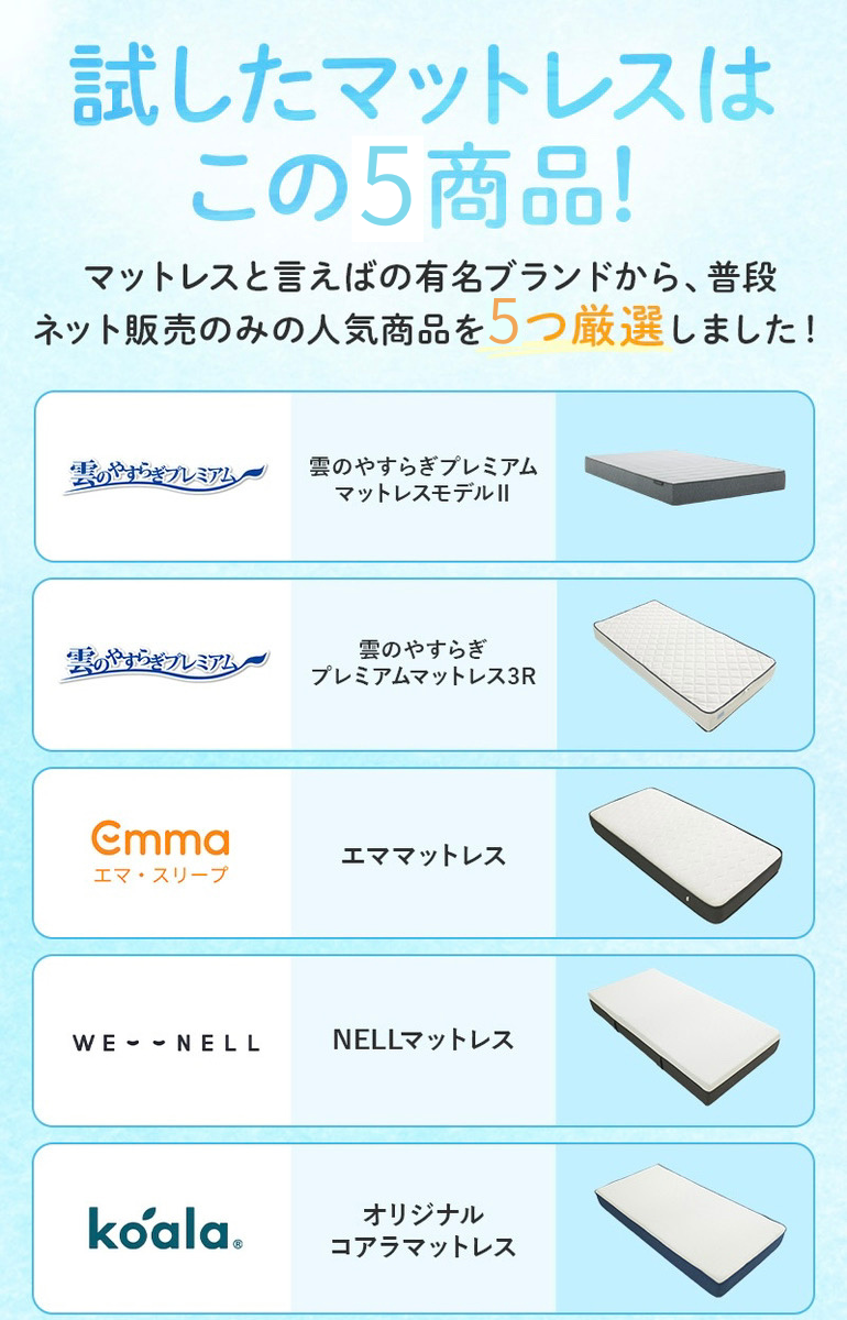 試したマットレスはこの6商品！